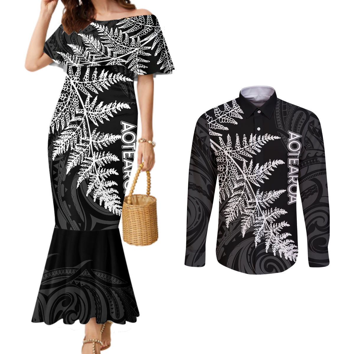 personalised-new-zealand-rugby-couples-matching-mermaid-dress-and-long-sleeve-button-shirts-world-cup-2023-silver-fern-champions