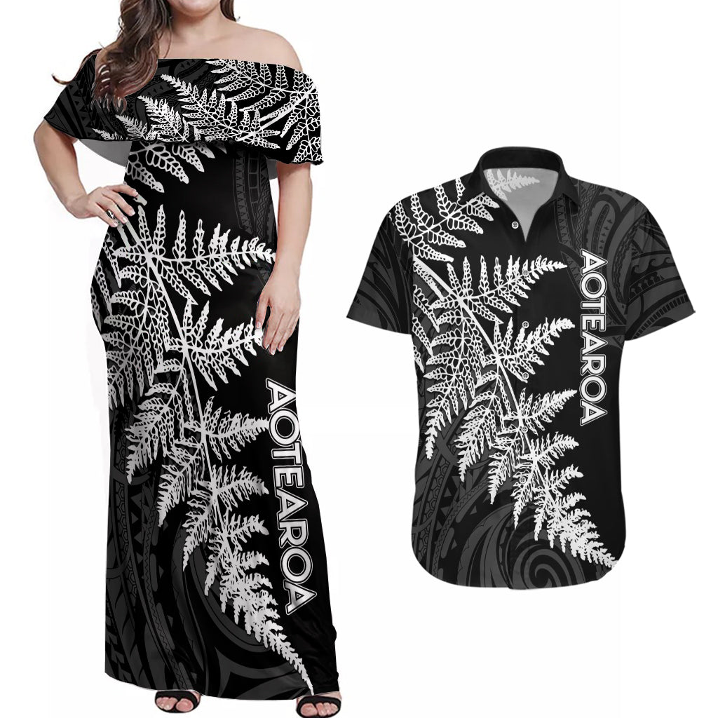 Personalised New Zealand Rugby Couples Matching Off Shoulder Maxi Dress and Hawaiian Shirt World Cup 2023 Silver Fern Champions LT7 - Wonder Print Shop