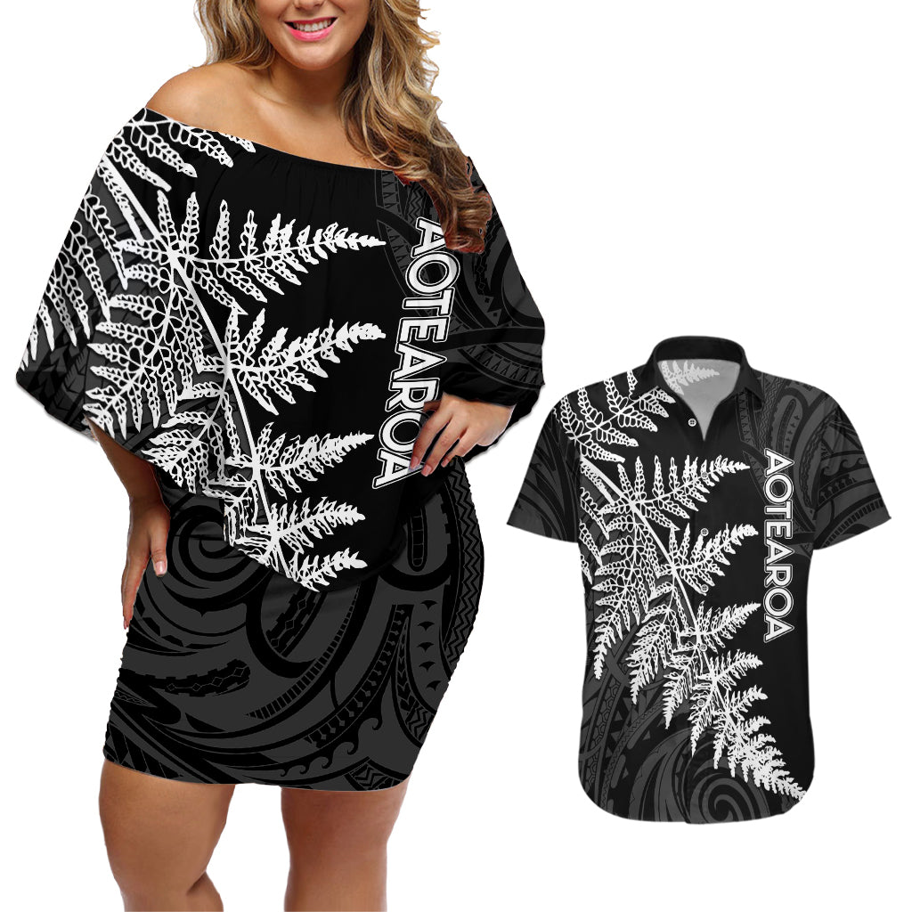 Personalised New Zealand Rugby Couples Matching Off Shoulder Short Dress and Hawaiian Shirt World Cup 2023 Silver Fern Champions LT7 - Wonder Print Shop