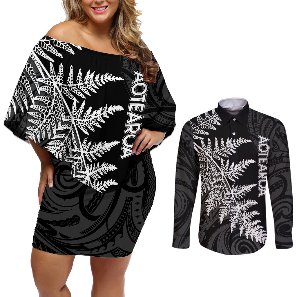 Personalised New Zealand Rugby Couples Matching Off Shoulder Short Dress and Long Sleeve Button Shirts World Cup 2023 Silver Fern Champions LT7 - Wonder Print Shop