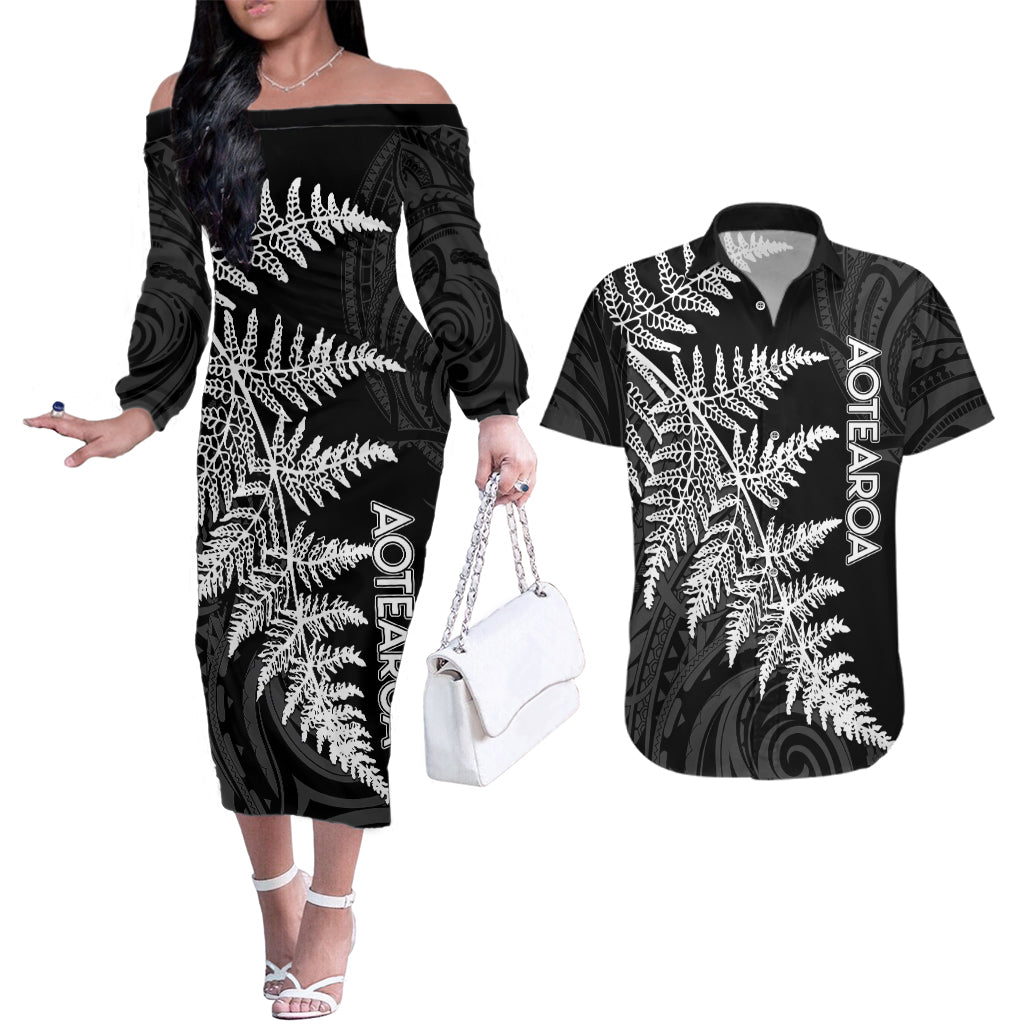 Personalised New Zealand Rugby Couples Matching Off The Shoulder Long Sleeve Dress and Hawaiian Shirt World Cup 2023 Silver Fern Champions LT7 - Wonder Print Shop