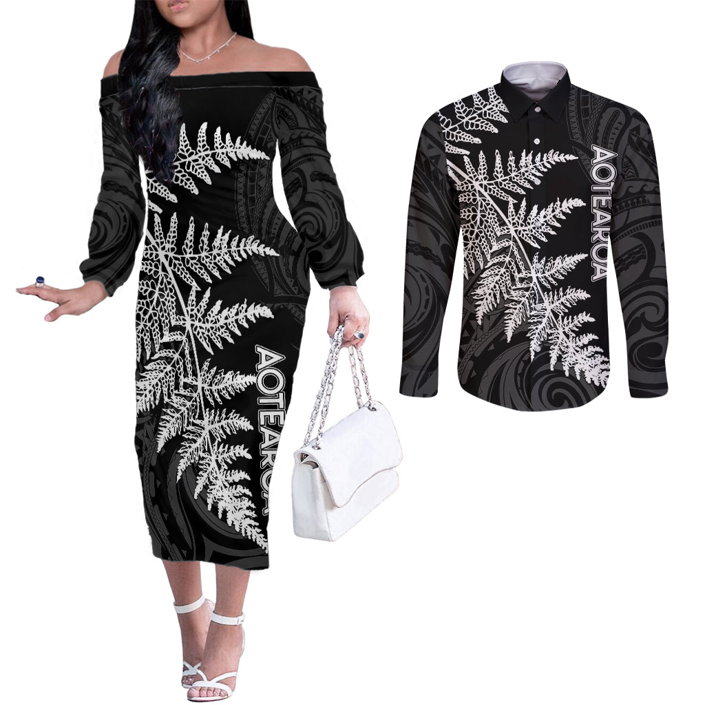 personalised-new-zealand-rugby-couples-matching-off-the-shoulder-long-sleeve-dress-and-long-sleeve-button-shirts-world-cup-2023-silver-fern-champions