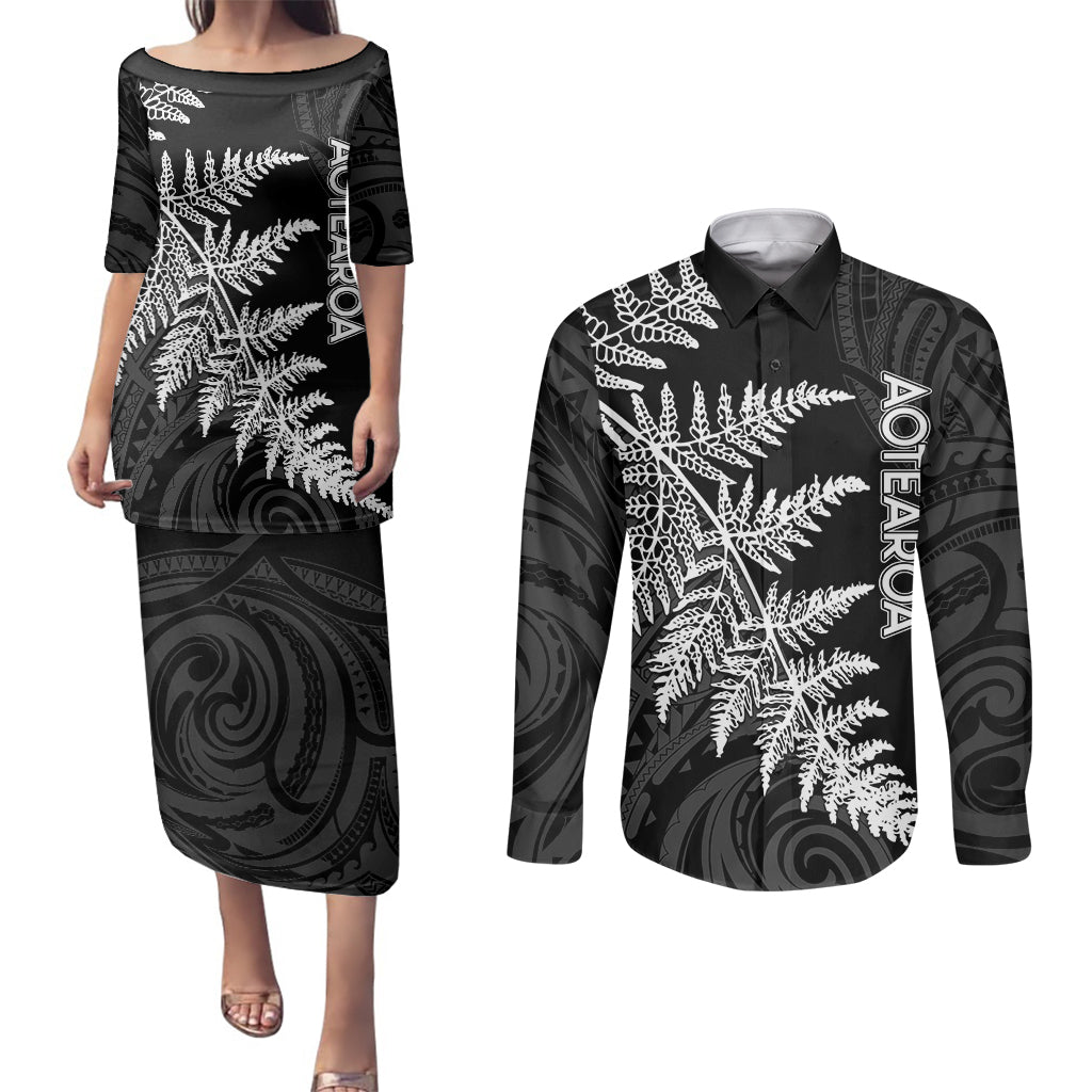 Personalised New Zealand Rugby Couples Matching Puletasi Dress and Long Sleeve Button Shirts World Cup 2023 Silver Fern Champions LT7 - Wonder Print Shop