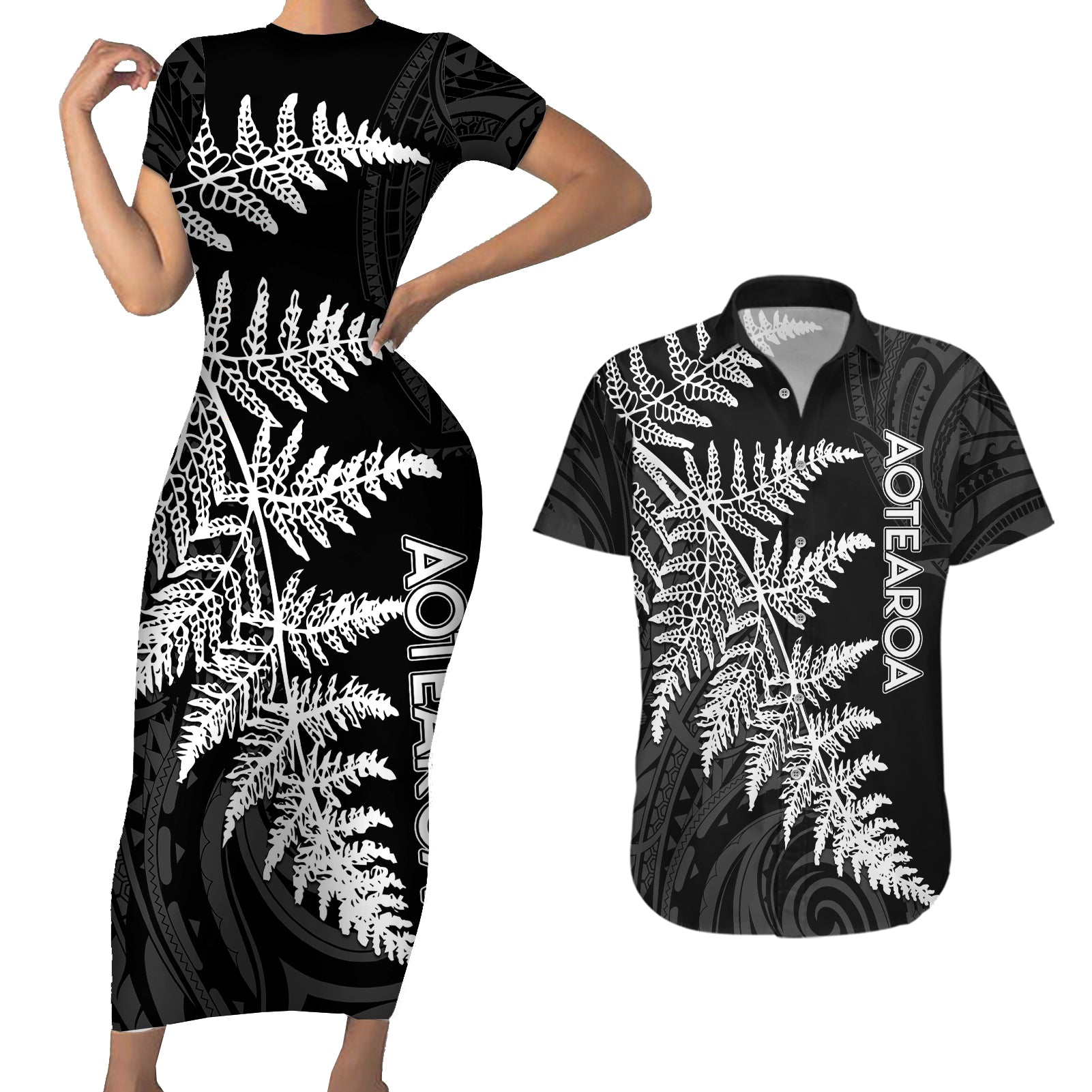 Personalised New Zealand Rugby Couples Matching Short Sleeve Bodycon Dress and Hawaiian Shirt World Cup 2023 Silver Fern Champions LT7 - Wonder Print Shop