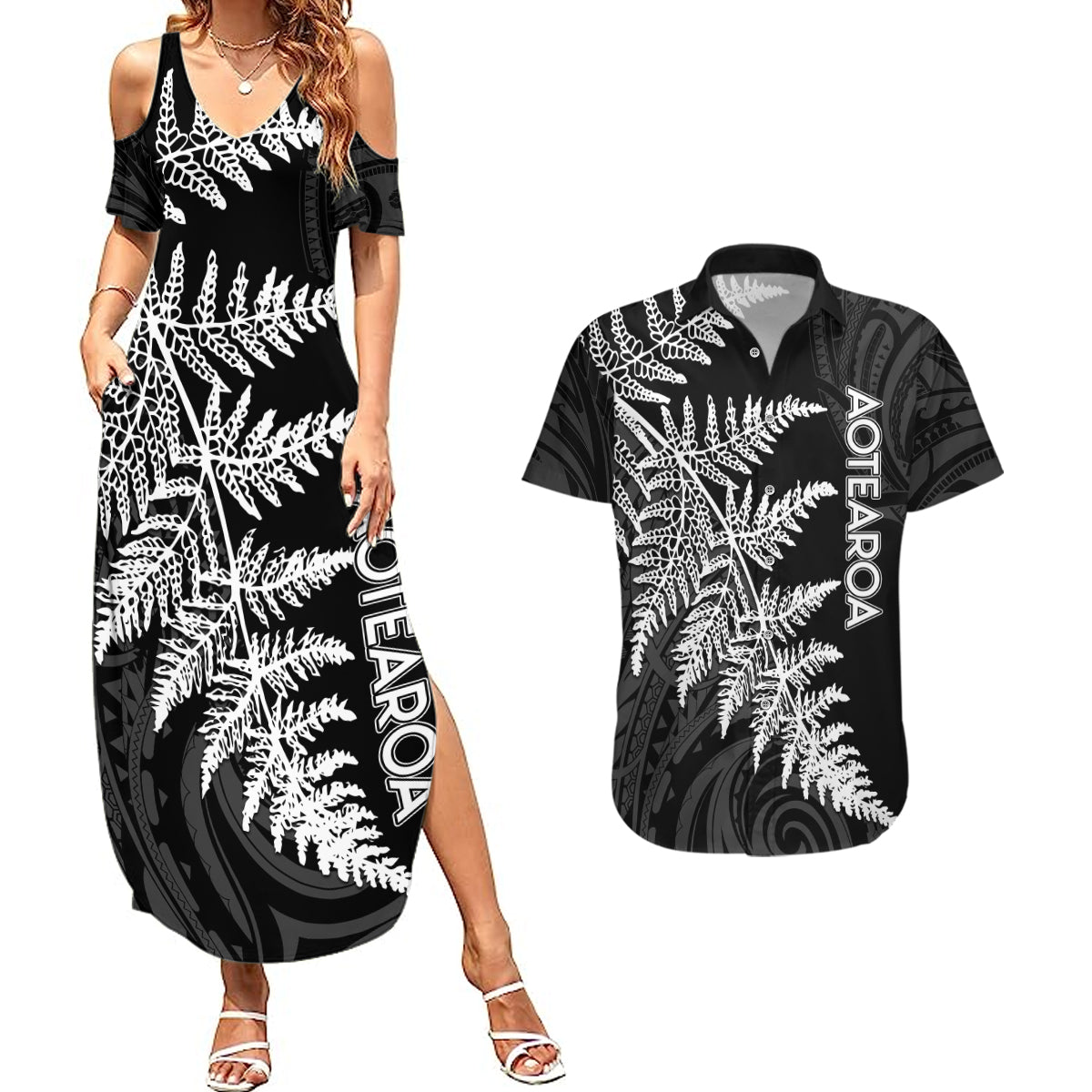 Personalised New Zealand Rugby Couples Matching Summer Maxi Dress and Hawaiian Shirt World Cup 2023 Silver Fern Champions LT7 - Wonder Print Shop