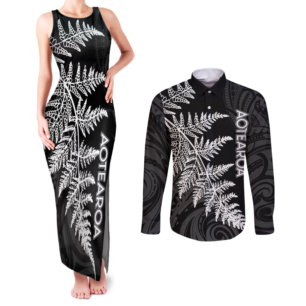 Personalised New Zealand Rugby Couples Matching Tank Maxi Dress and Long Sleeve Button Shirts World Cup 2023 Silver Fern Champions LT7 - Wonder Print Shop