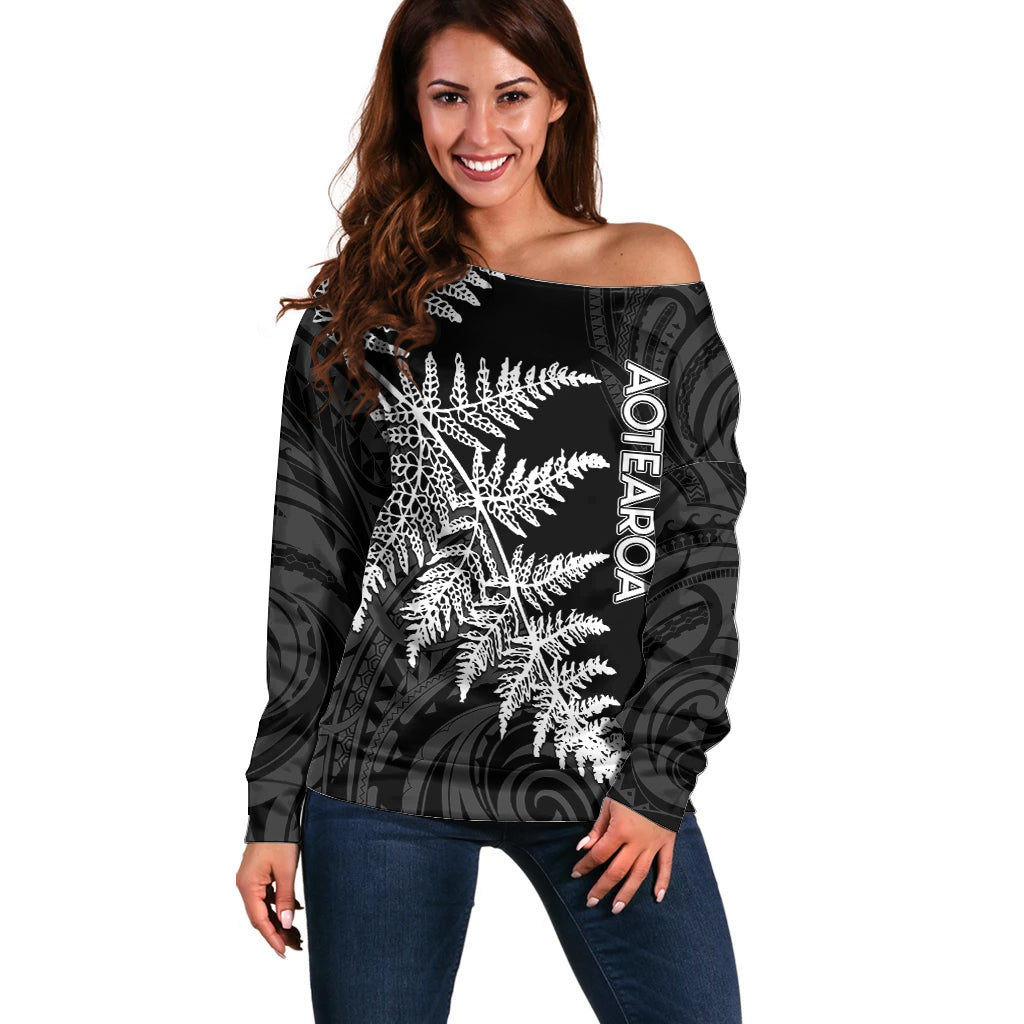 Personalised New Zealand Rugby Off Shoulder Sweater World Cup 2023 Silver Fern Champions - Wonder Print Shop