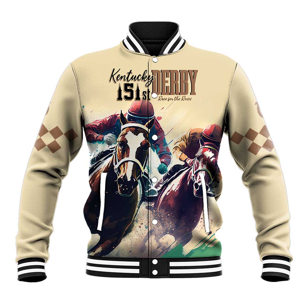 Cream baseball varsity jacket with striped collar and watercolor horse derby front graphic
