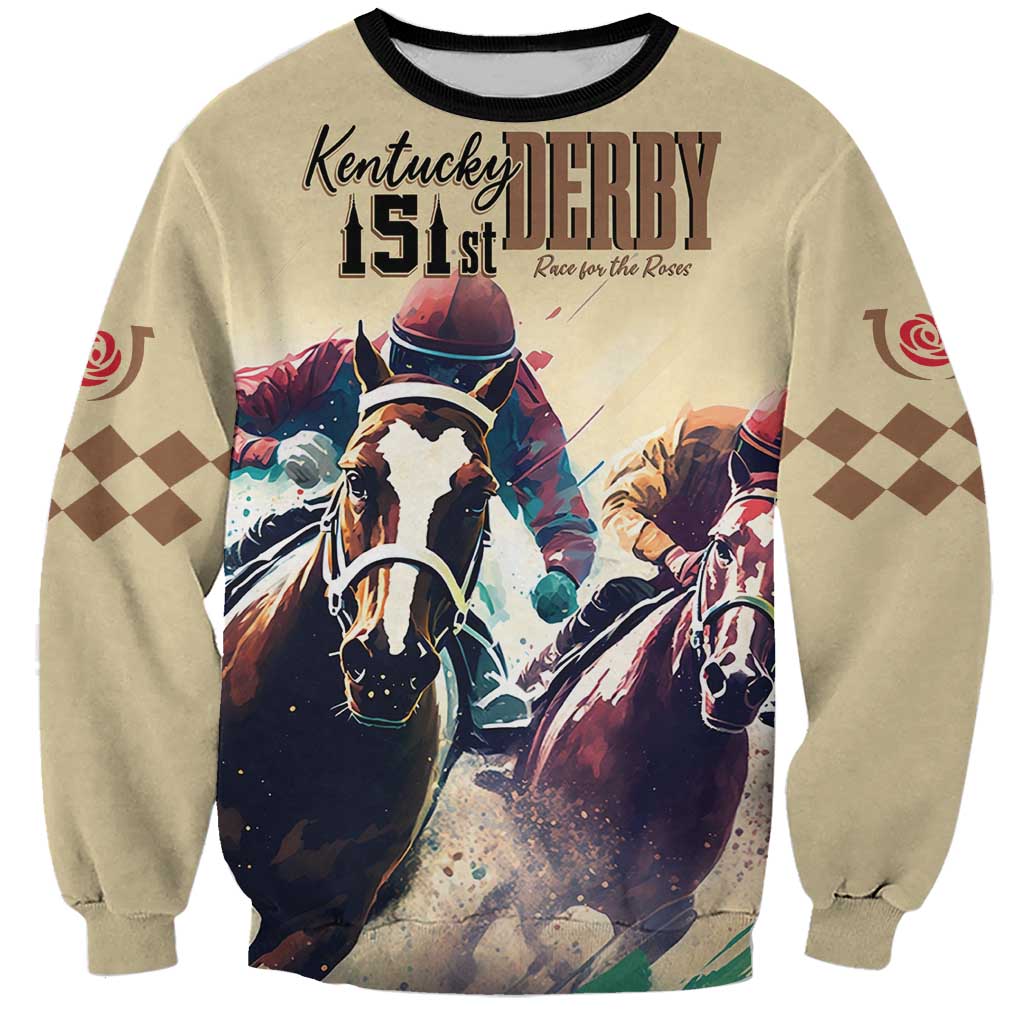 Unisex cream sweatshirt with watercolor horse racing graphic and 151st Kentucky Derby print