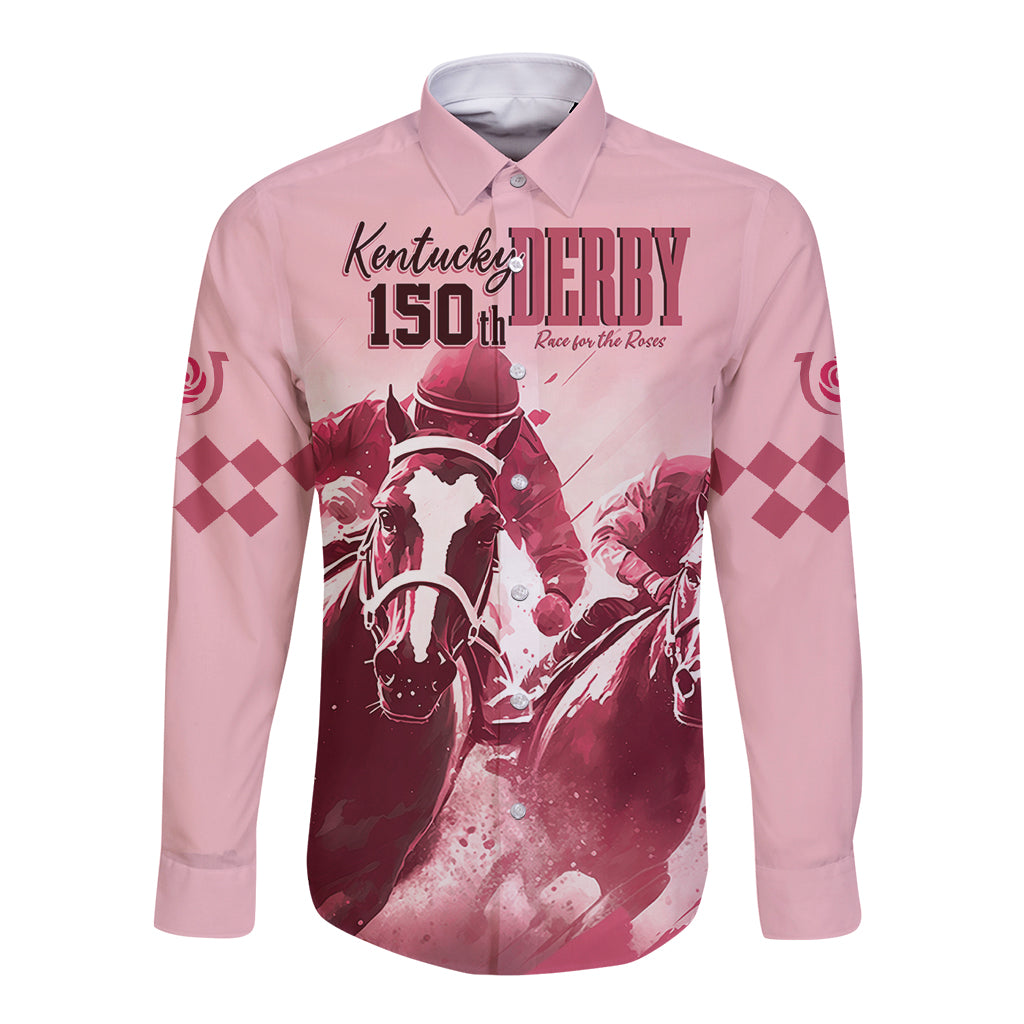 Kentucky Horse Racing 150th Personalized Long Sleeve Button Shirt Derby Watercolor Style - Pink - Wonder Print Shop