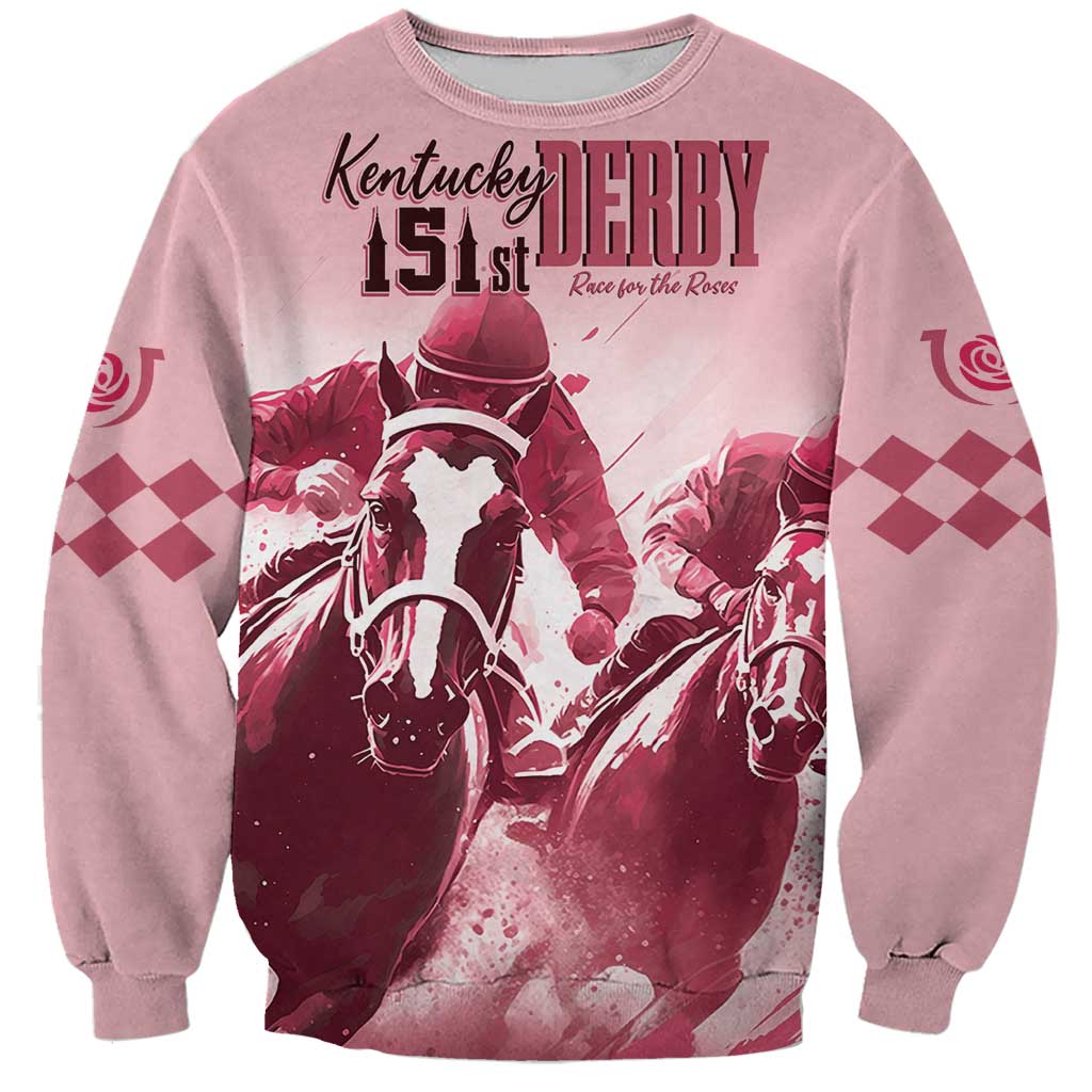 Pink crewneck sweatshirt with watercolor horse-racing graphic and Kentucky Derby 151st text