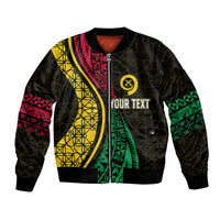 Black unisex bomber jacket with colorful geometric tribal print and chest text