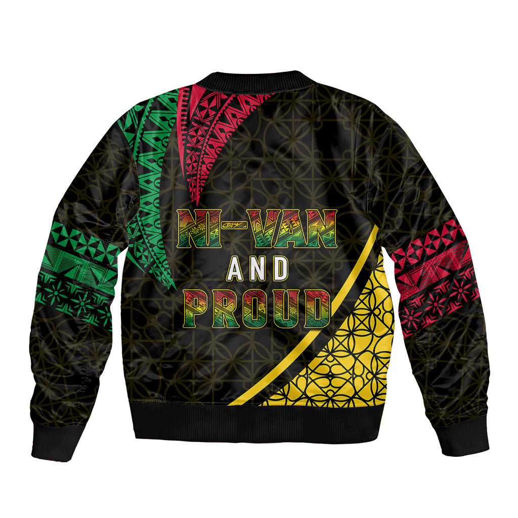 Black unisex bomber jacket with geometric tribal print and “NI-VAN AND PROUD” back