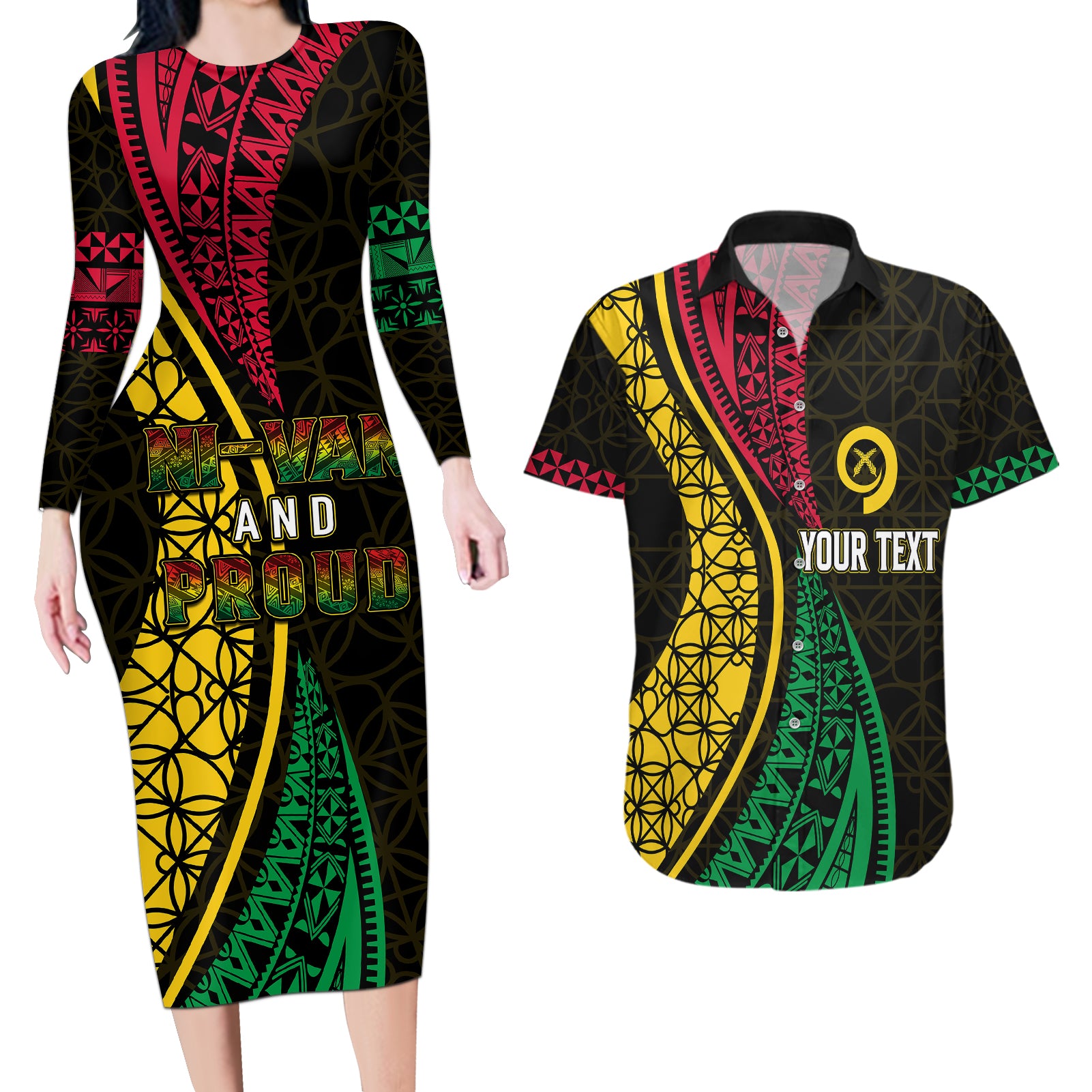 Personalised Vanuatu Couples Matching Long Sleeve Bodycon Dress and Hawaiian Shirt Melanesian Sand Drawing Mixed - Ni Van and Proud LT7 - Wonder Print Shop