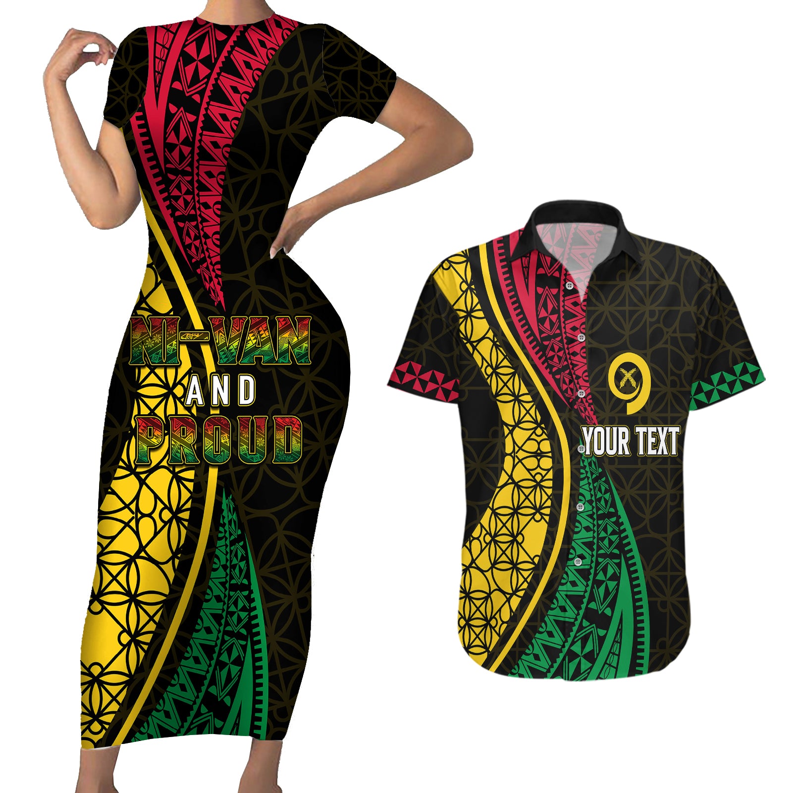 Personalised Vanuatu Couples Matching Short Sleeve Bodycon Dress and Hawaiian Shirt Melanesian Sand Drawing Mixed - Ni Van and Proud LT7 - Wonder Print Shop