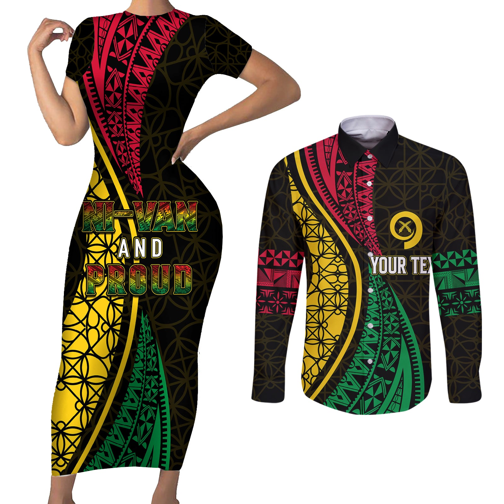 Personalised Vanuatu Couples Matching Short Sleeve Bodycon Dress and Long Sleeve Button Shirts Melanesian Sand Drawing Mixed - Ni Van and Proud LT7 - Wonder Print Shop