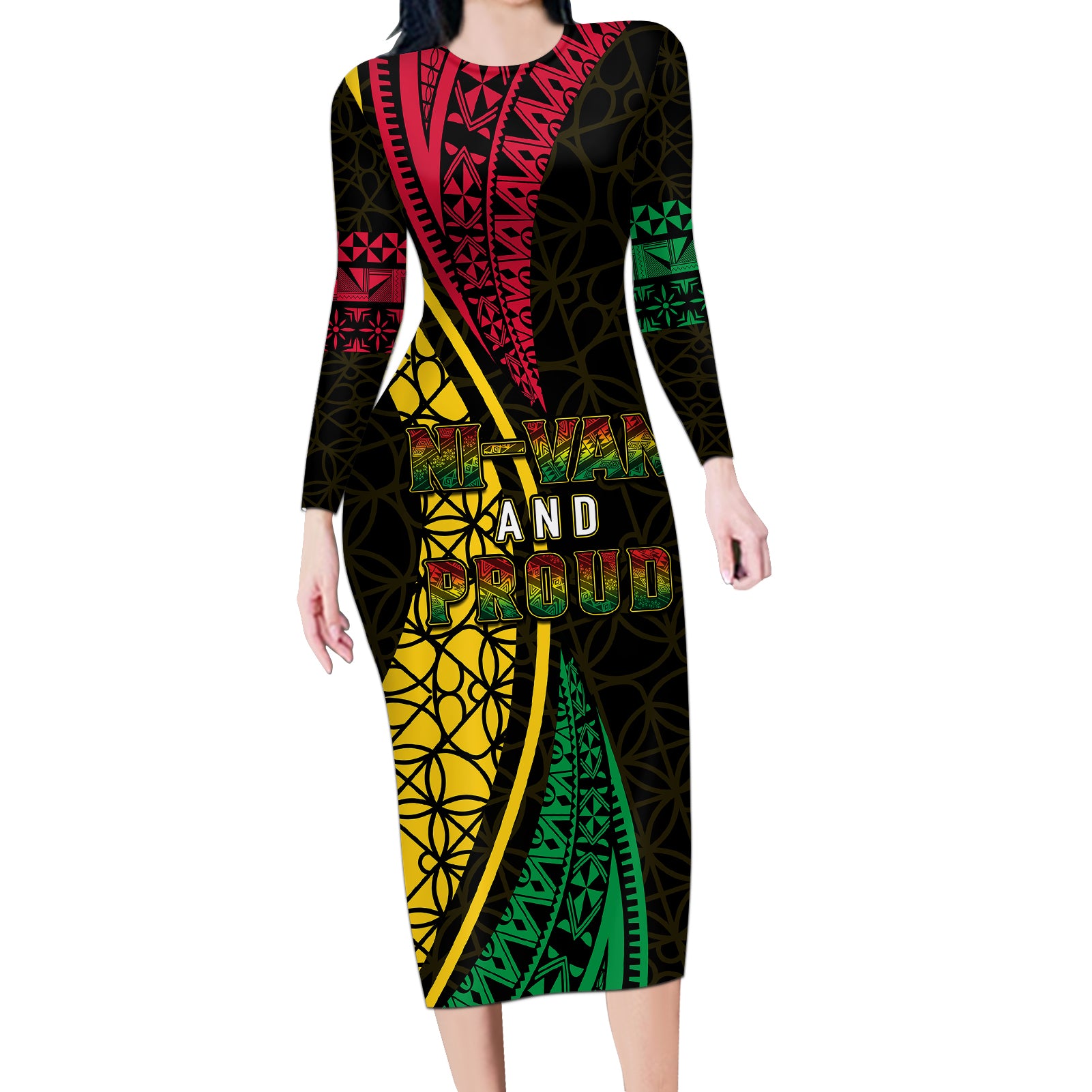 Personalised Vanuatu Long Sleeve Bodycon Dress Melanesian Sand Drawing Mixed - Ni Van and Proud - Wonder Print Shop