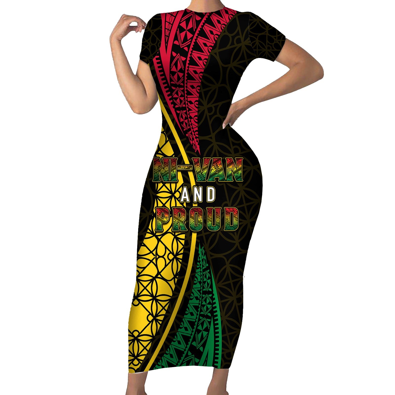 Personalised Vanuatu Short Sleeve Bodycon Dress Melanesian Sand Drawing Mixed - Ni Van and Proud - Wonder Print Shop