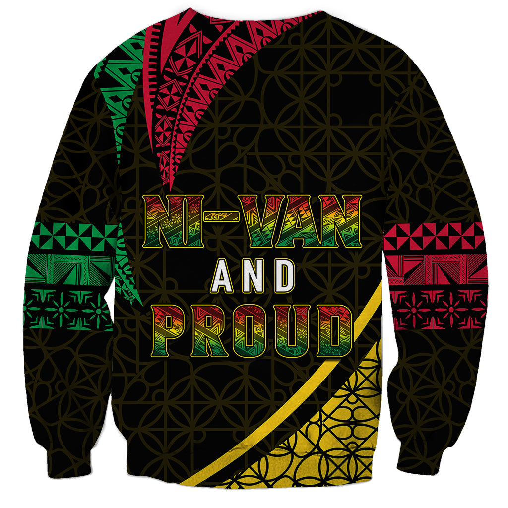 Unisex black sweatshirt with "NI VAN AND PROUD" text and tribal geometric print sleeves