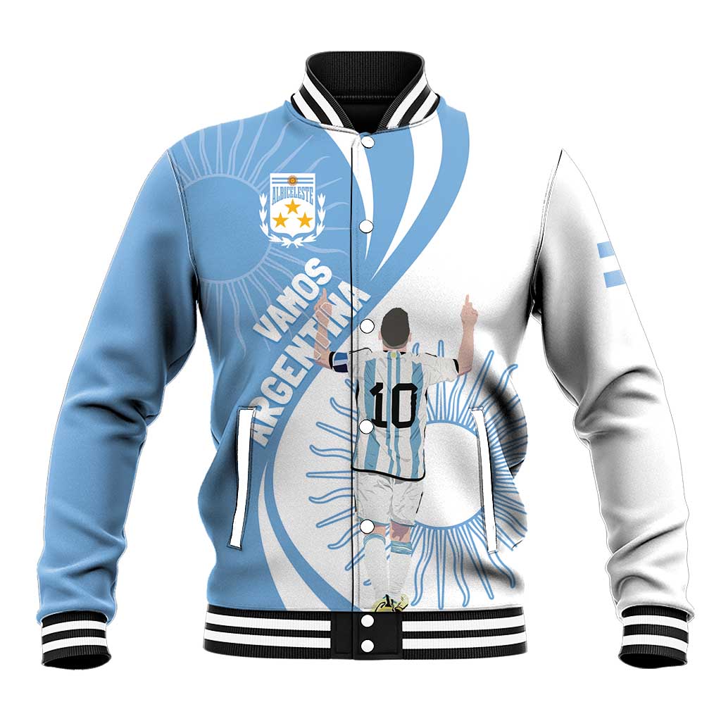 Sky blue and white custom baseball jacket, snap front, striped ribbed collar