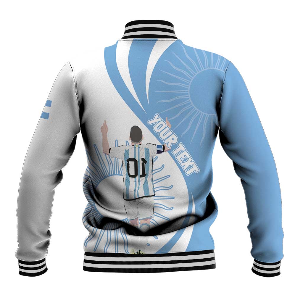 Light blue and gray custom baseball jacket back, number 01, striped ribbed hem and cuffs