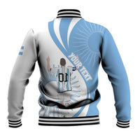 Light blue and gray custom baseball jacket back, number 01, striped ribbed hem and cuffs