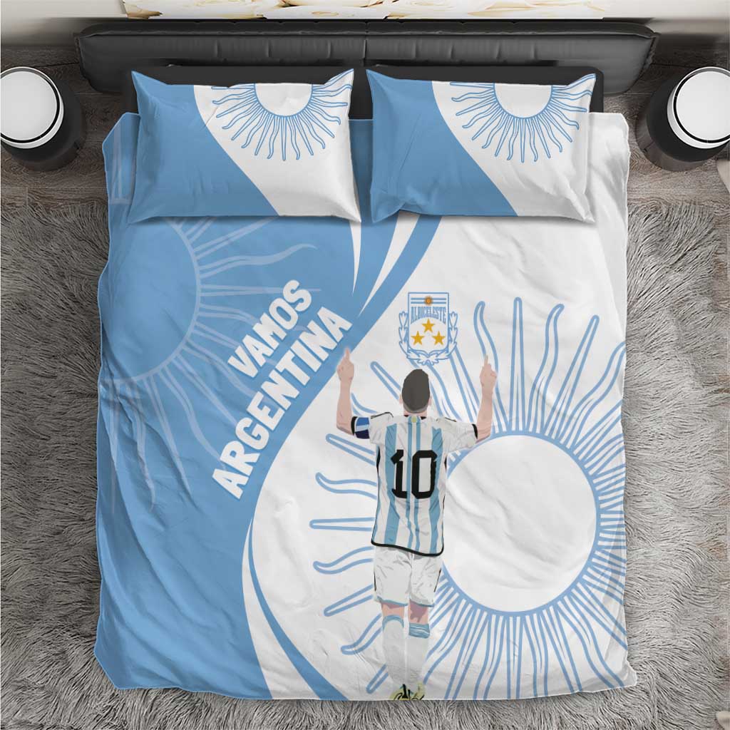 Sky blue and white Argentina-themed bedding set with graphic goalkeeper and eagle