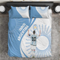 Sky blue and white Argentina-themed bedding set with graphic goalkeeper and eagle