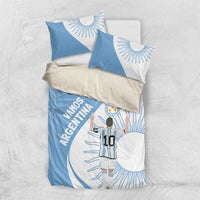 Sky blue and white Argentina bedding set shown neatly with two pillowcases
