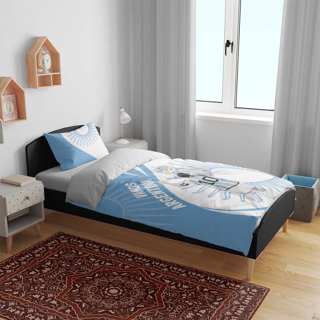 Argentina-themed sky blue and white bedding set on bed with matching pillows