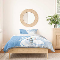 Sky blue and white Argentina-themed comforter set with goalkeeper graphic and pillows