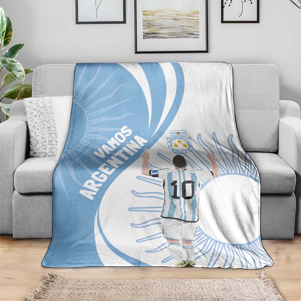 Argentina-themed blanket draped over sofa; sky blue and white player with '10'