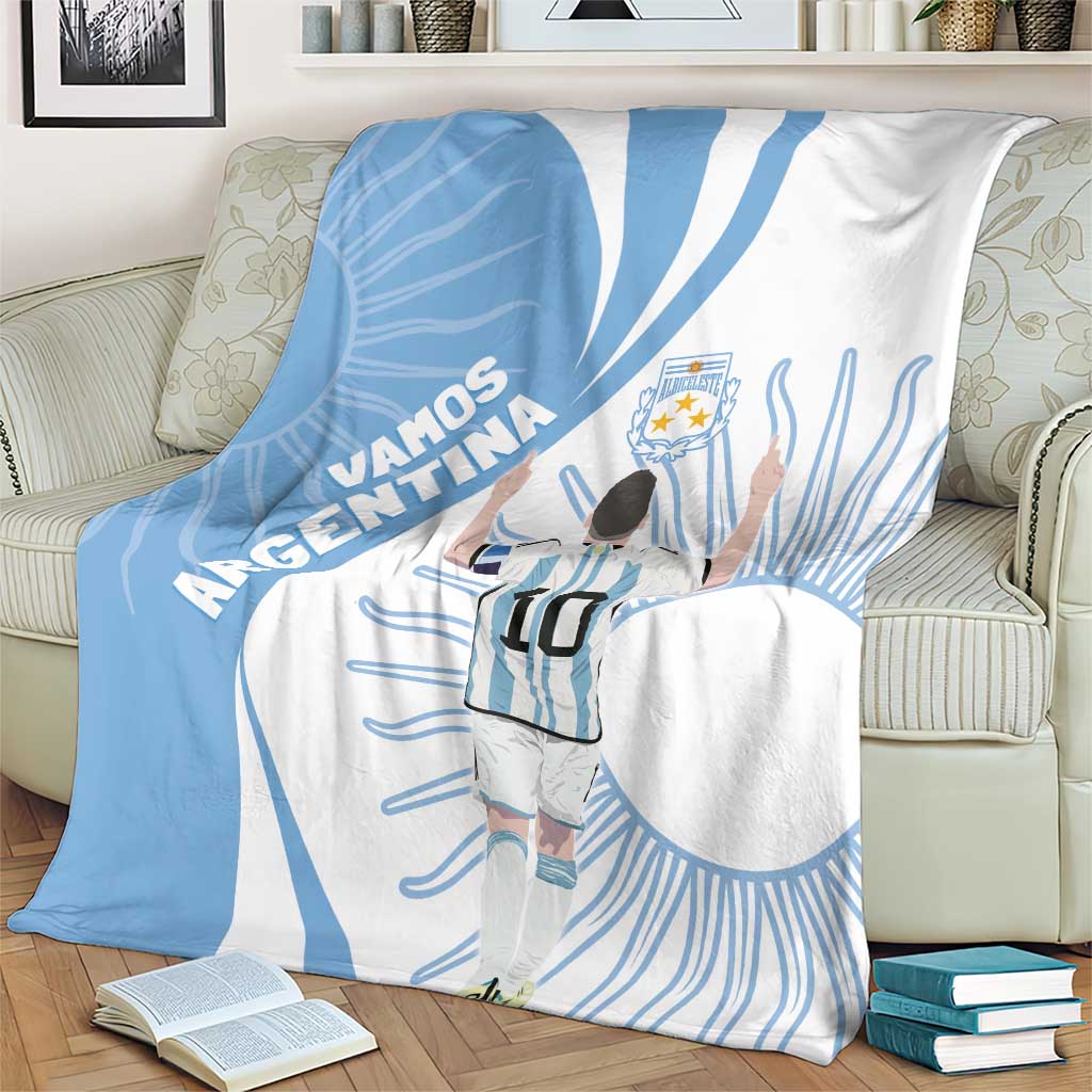 Sky blue and white blanket with Argentina text, player graphic, and '10' front