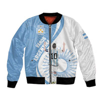 Sky blue and white bomber jacket, black ribbed collar, zipper front, large graphic