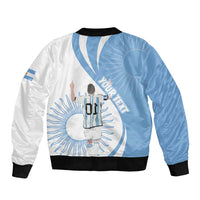 Sky blue and white bomber jacket with black ribbed cuffs, back graphic and striped panel
