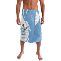 Sky blue graphic sarong wrap skirt with white sunburst and person print, straight hem