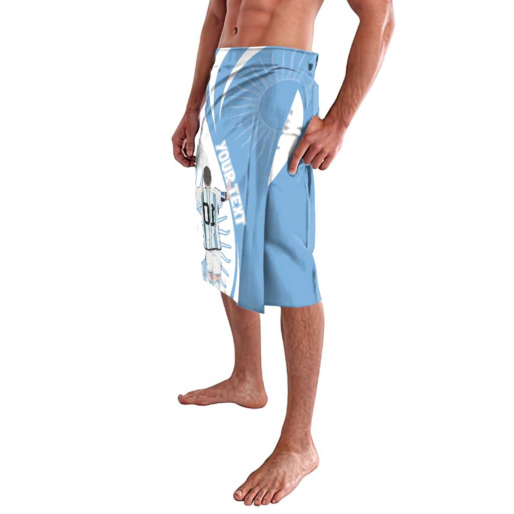 Sky blue graphic sarong wrap skirt, side view with white sunburst and person motif