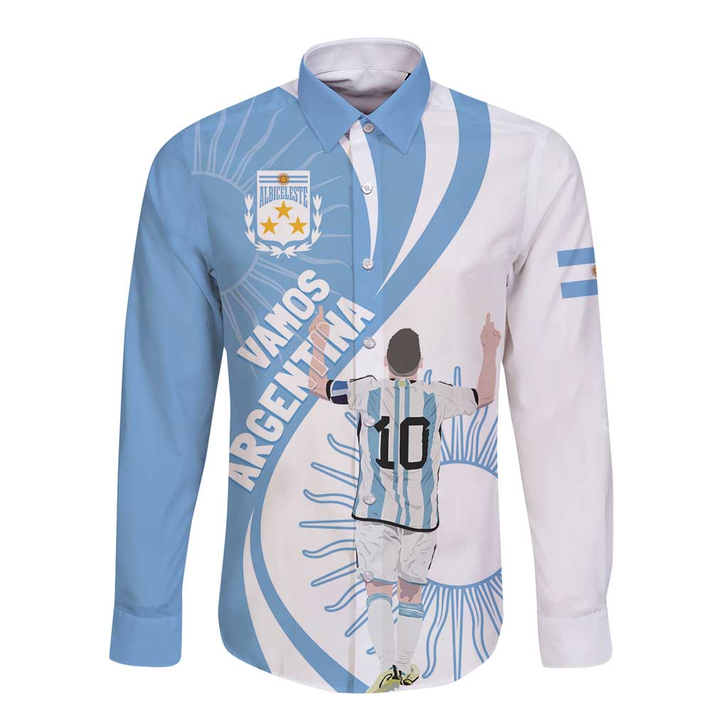 Sky blue long-sleeve button shirt with Argentina-themed front graphic and crest
