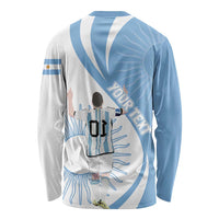Sky blue and white long-sleeve shirt with player graphic and large blue text on back