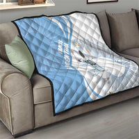 Sky blue and white Argentina-themed quilt blanket with diamond stitching, fan rays, and number 10