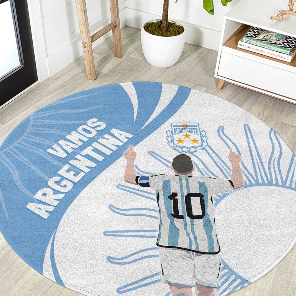 Round sky blue and white Argentina soccer fan rug with player holding the ball and crest