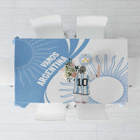 Sky blue sports tablecloth with player graphic, lightning shapes, and circle