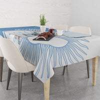 Sky blue tablecloth with swirl lines pattern and centered football player print