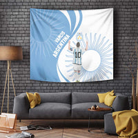Sky blue and white Argentina-themed tapestry featuring player graphic, lion crest, and VAMOS ARGENTINA