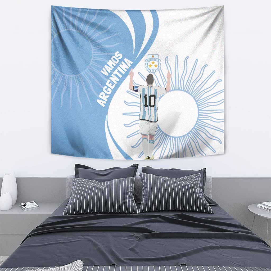 Sky blue and white Argentina-themed tapestry with central player, sunburst shapes, and VAMOS ARGENTINA
