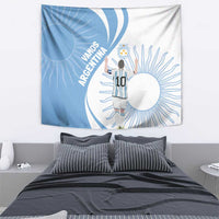 Sky blue and white Argentina-themed tapestry with central player, sunburst shapes, and VAMOS ARGENTINA
