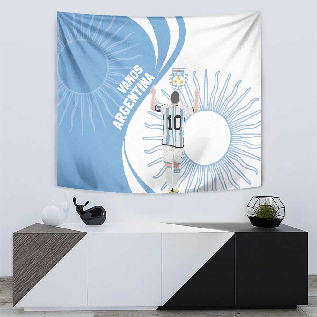 Sky blue and white Argentina-themed tapestry with raised-arm soccer player and large sunburst circle