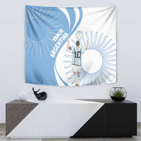 Sky blue and white Argentina-themed tapestry with raised-arm soccer player and large sunburst circle