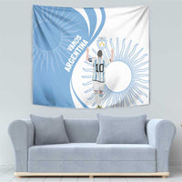 Sky blue and white Argentina-themed tapestry showing player in jersey, crest icon, and VAMOS ARGENTINA