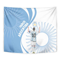 Sky blue and white Argentina-themed tapestry close-up with VAMOS ARGENTINA text and player graphic